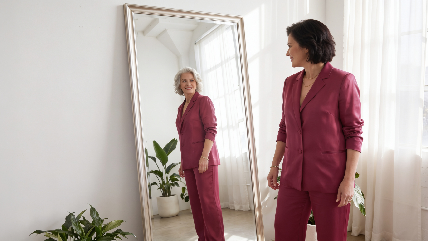 Žena v období premenopauzy v klidném domácím prostředí pečuje o sebe